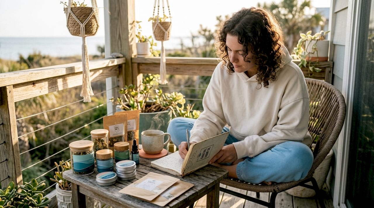 Person examining hemp recreational products at home