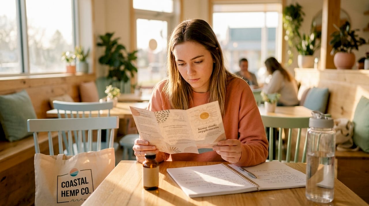 Student reading about hemp supplements at desk