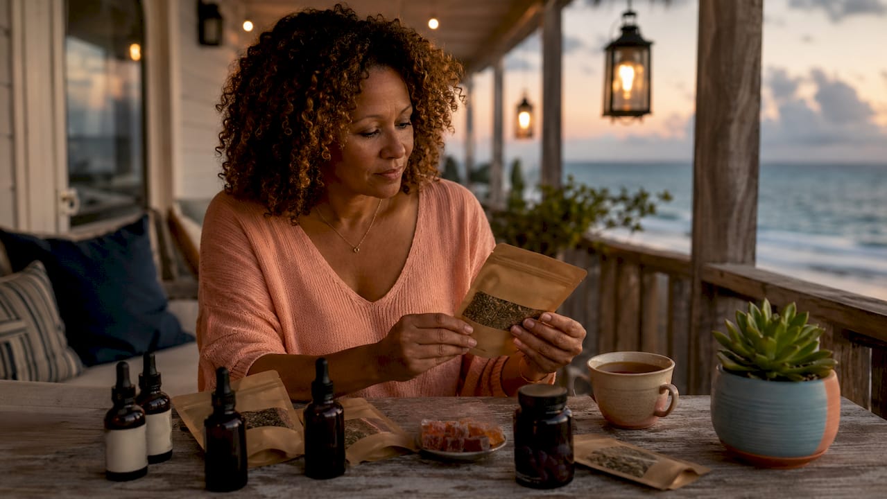 Woman reviewing diverse hemp wellness products at home