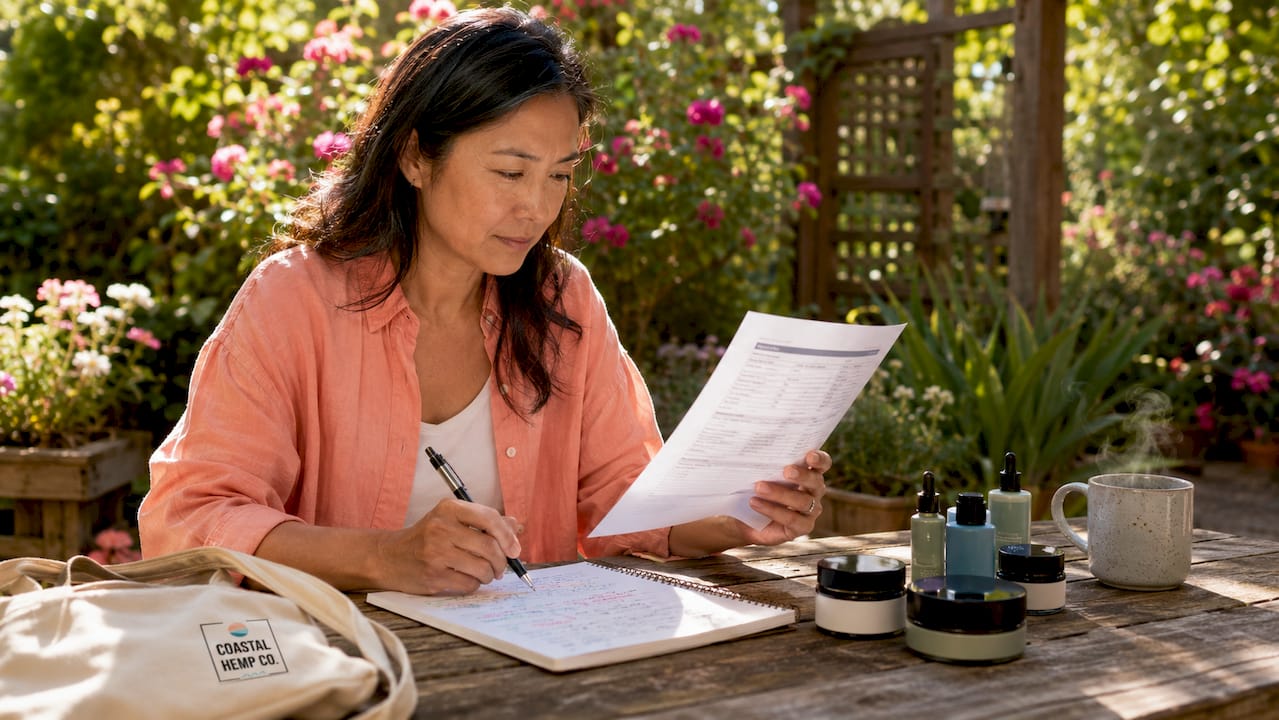 Woman reviewing hemp certification documents at home desk