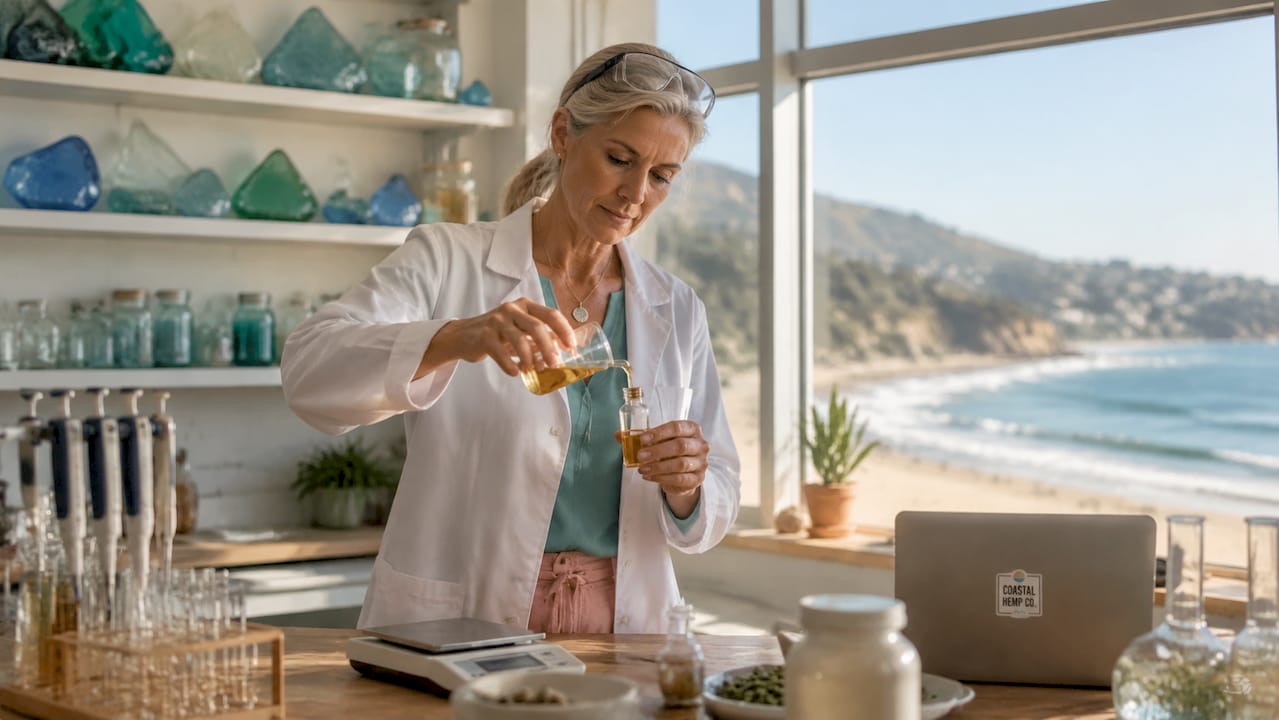 Scientist handling hemp CBD oil in lab