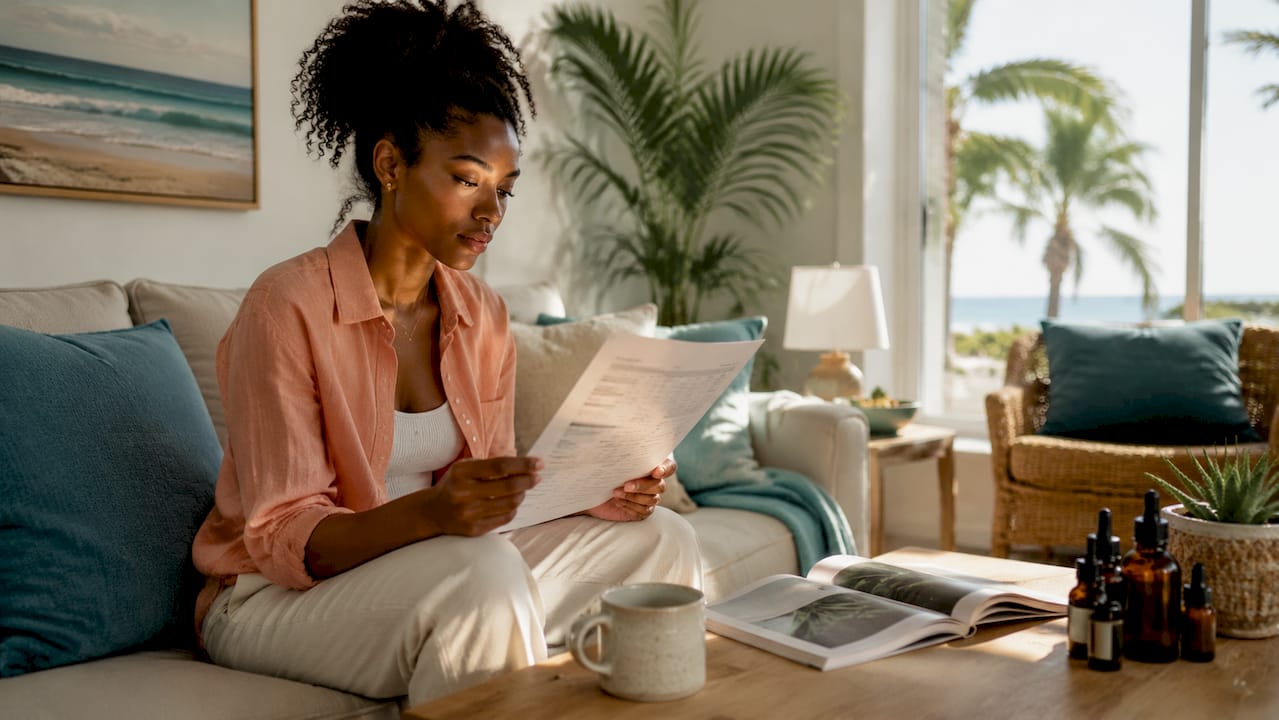 Woman reviewing hemp product certificate
