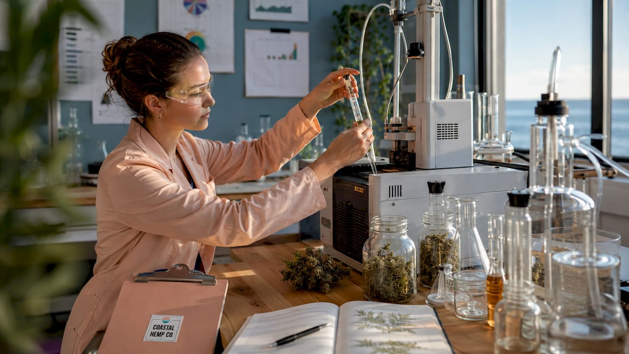 Scientist analyzing hemp cannabinoids in lab