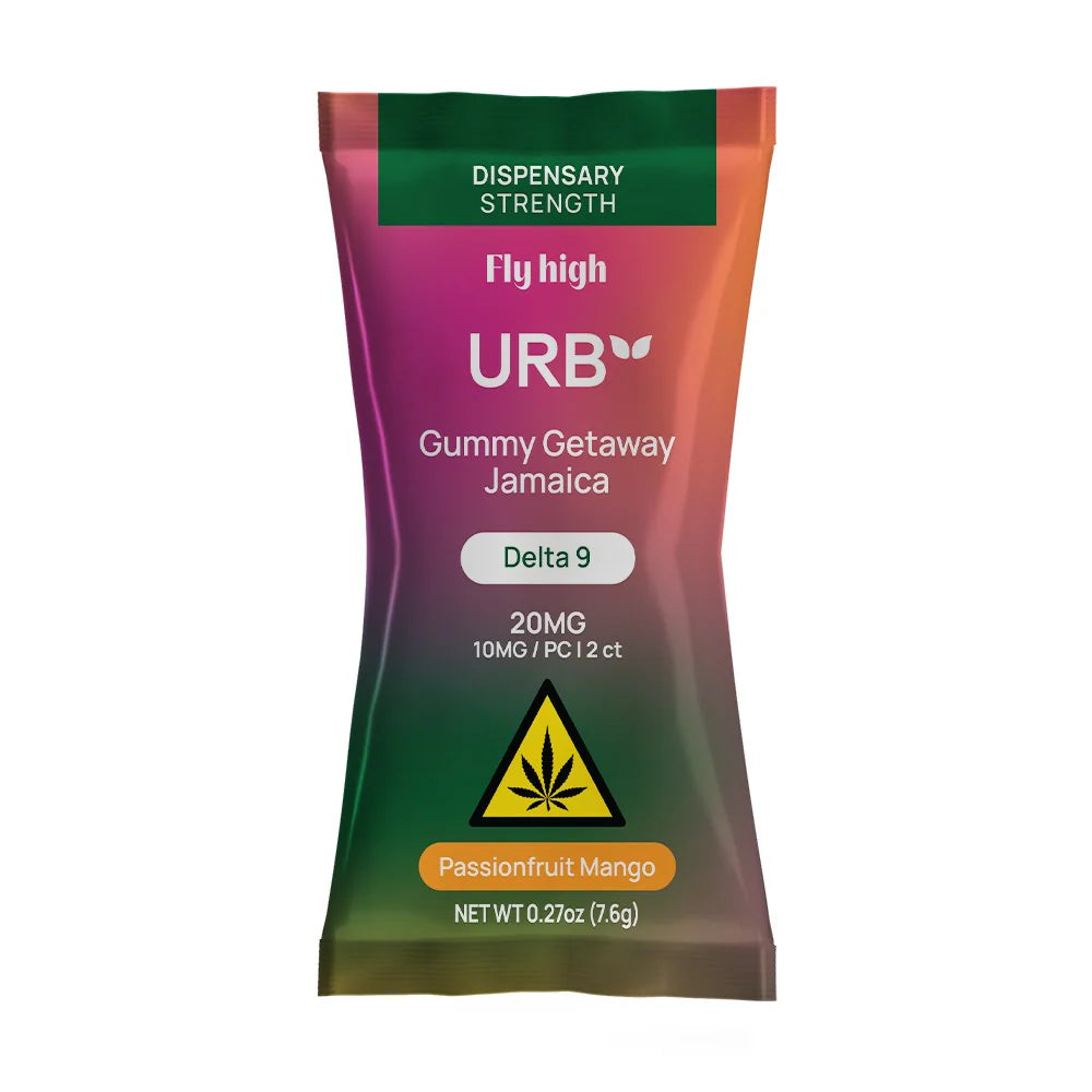 Lifted Made’s Gummy Getaway Jamaica D9 THC 20MG Gummies (2ct.) are vegan, Passionfruit Mango hemp-derived treats with a cannabis warning symbol on the colorful packaging.