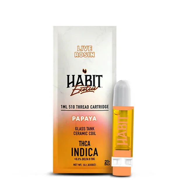 The Habit Exotics Live Rosin Cartridge 1G by Habit is a papaya-flavored vape. Its packaging features white with orange and yellow gradients, black text, and the cartridge displayed beside the box.