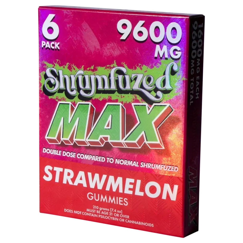 Shrumfuzed Max Strawmelon gummies 6-pack box, 9600mg, red and green packaging
