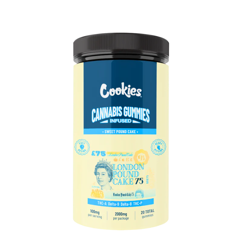 A black jar labeled "Cookies - THCA Delta 9 Special Blend Infused Gummies" in Cereal Milk flavor stands upright, surrounded by four yellow THCa gummies—one embossed with “C.” The label features 400 mg/gummy, dye-free formula, and fast-acting effects.