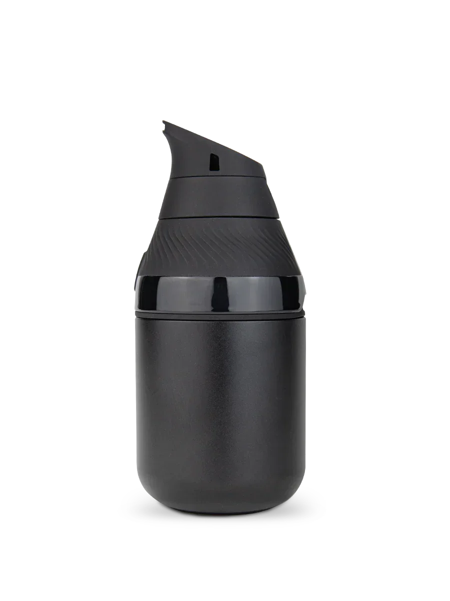Sleek black travel mug with spill-proof lid, perfect for on-the-go adventures