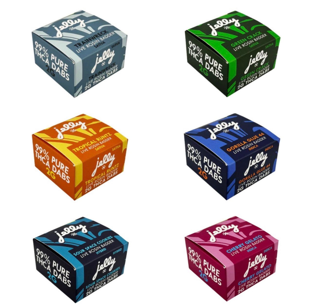 Six vibrant boxes of Jelly Live Rosin THCa Dab Badder 2g from Jelly, each with a unique flavor—grape, green apple, tropical punch, cotton candy, blueberry, and cherry—are displayed in two columns.