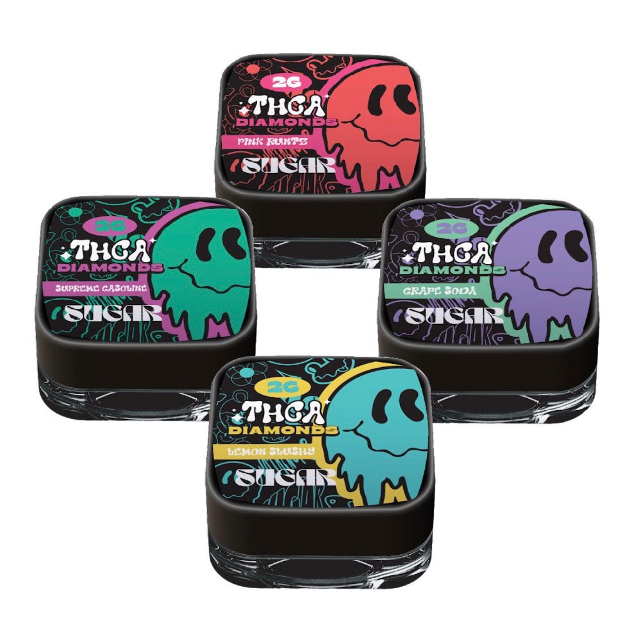 Trippy Sugar THCa Diamonds 2G comes in four colorful, cartoon skull containers—Pink Runtz, Supreme Gasoline, Grape Soda, and Lemon Berry—with potent dabbing crystals and bold Trippy Sugar branding.