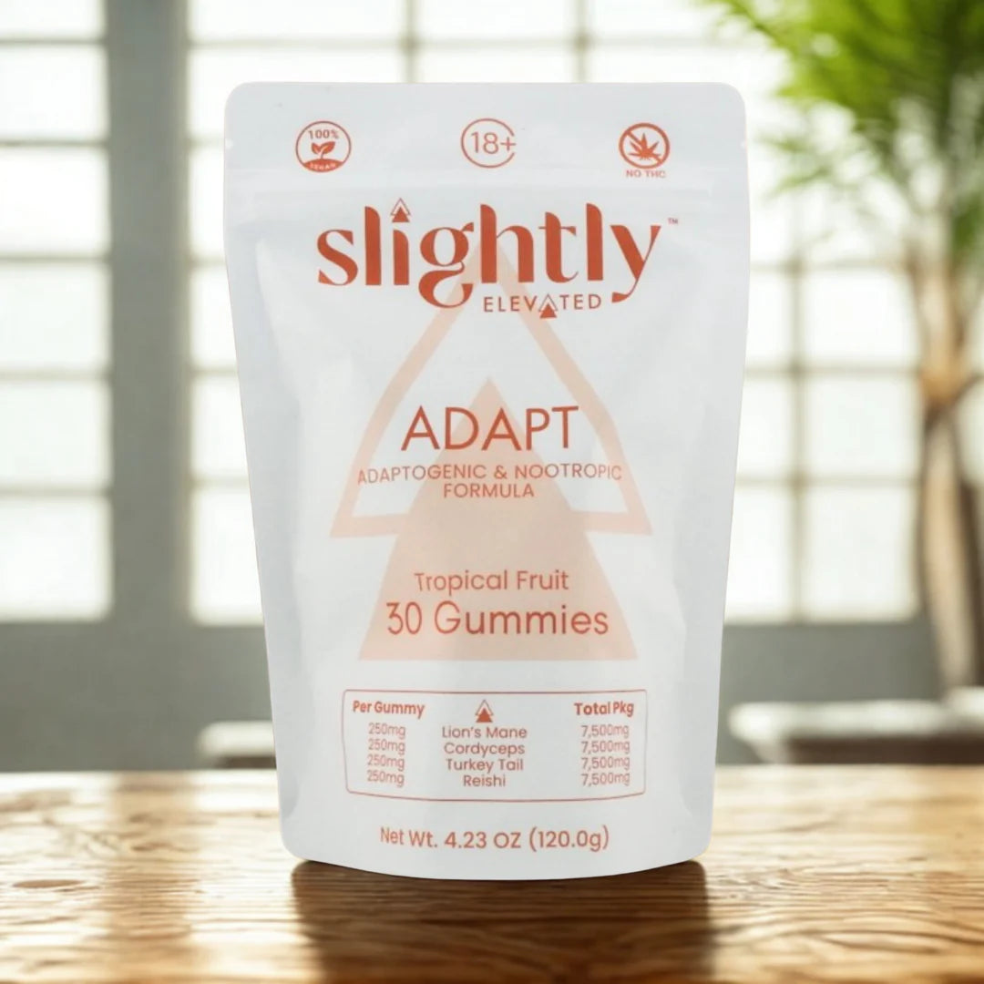 A white, resealable pouch labeled Slightly Elevated Adapt Gummies 30ct by Slightly Elevated sits on a wooden surface with greenery blurred in the background, highlighting adaptogens and nootropics for stress relief.