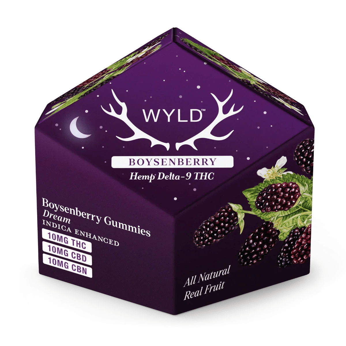 WYLD Boysenberry 1:1:1 THC:CBD:CBN | Dream - Sleep Gummies come in a purple, pentagon-shaped box with boysenberry illustrations and 10mg THC, CBD, and CBN labels, highlighting natural ingredients for restful sleep.