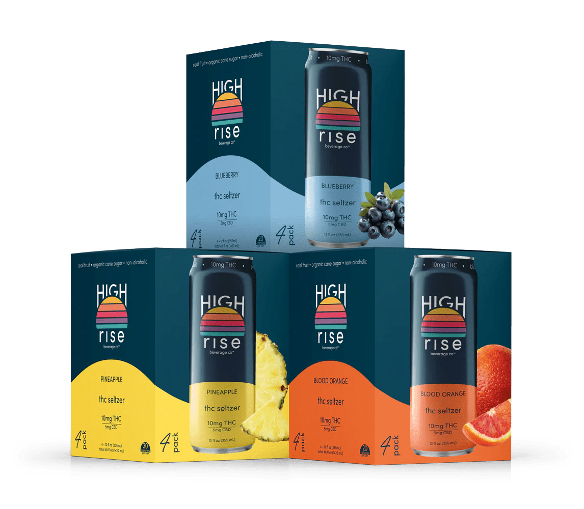 Four boxes of High Rise Beverage Co.’s High Rise Delta-9 Seltzers 10mg are displayed, each featuring blueberry, pineapple, or blood orange flavors. The boxes show vibrant fruit images and a sunset-themed logo.