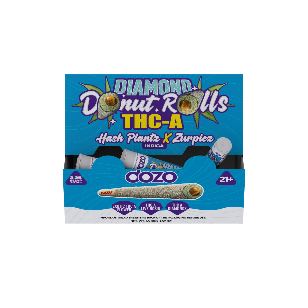 Dozo Diamond Donut Rolls THC-A Indica pre-rolls with Hash Plantz x Zurpiez, 2.25g total, 21+