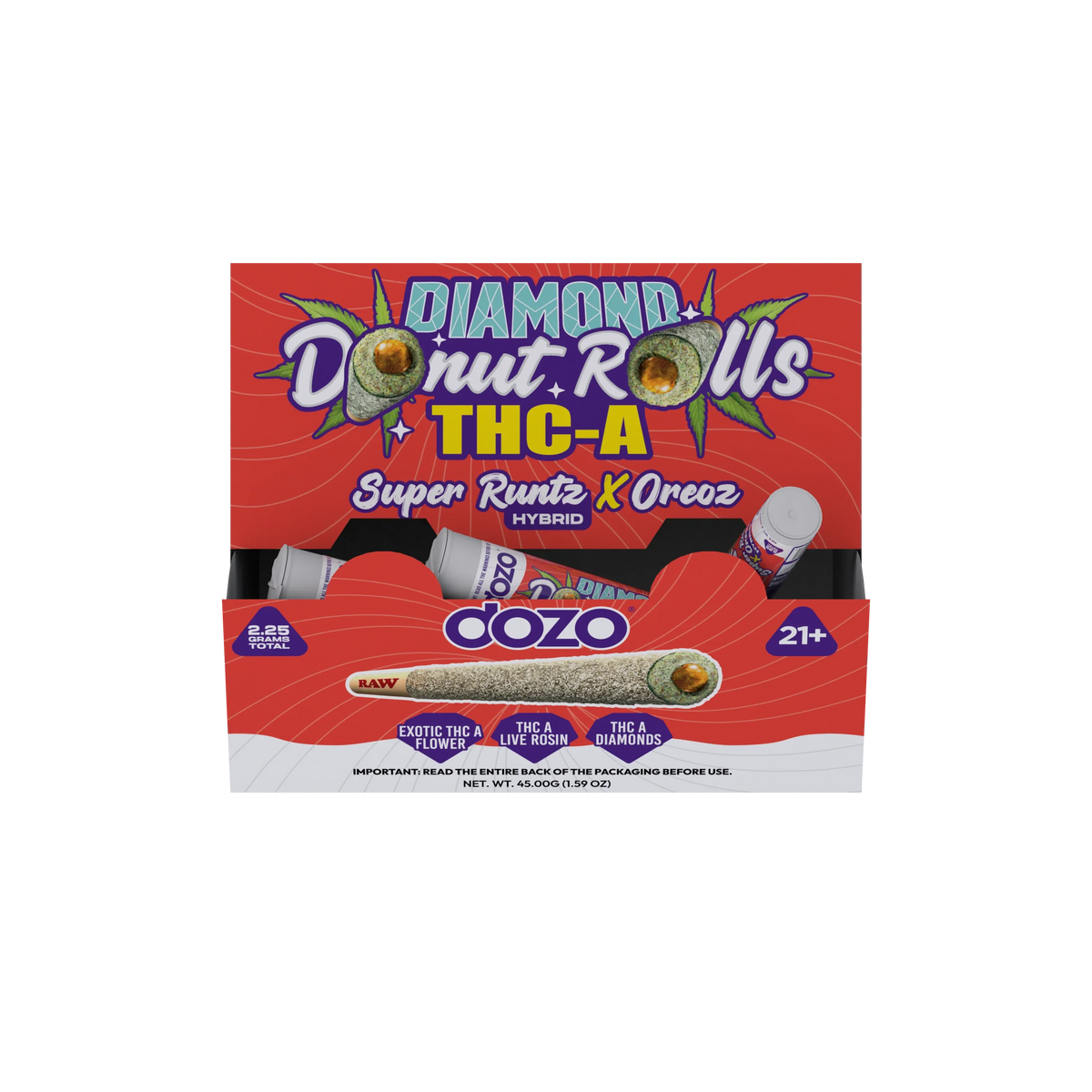 Dozo Diamond Donut Rolls THC-A hybrid pre-rolls with Super Runtz x OREOz, 2.25g total, 21+