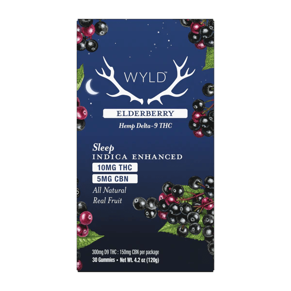 A bearded man sleeps peacefully on his back in bed as sunlight softly lights his face. The word "Sleep" appears boldly on a blue rectangle, suggesting the restful effects of WYLD 2:1 THC/CBN SLEEP Gummies by WYLD.