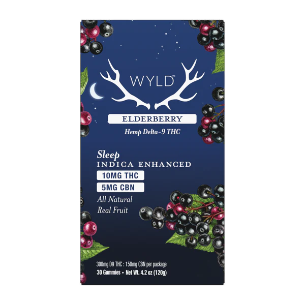A bearded man sleeps peacefully on his back in bed as sunlight softly lights his face. The word "Sleep" appears boldly on a blue rectangle, suggesting the restful effects of WYLD 2:1 THC/CBN SLEEP Gummies by WYLD.