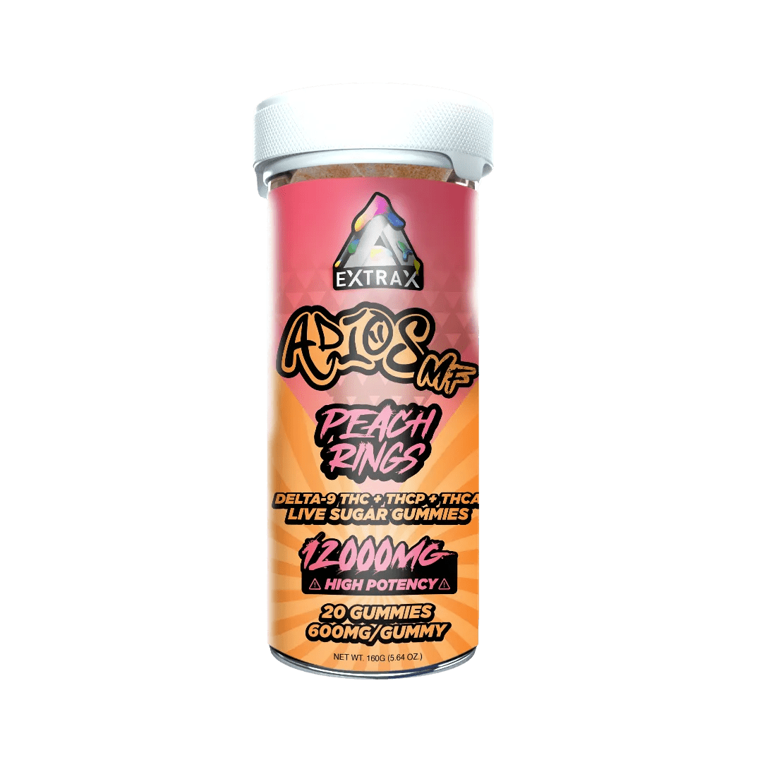 Delta Extrax Adios MF Gummies 12000mg are shown against a vibrant rainbow swirl backdrop, each labeled with different flavors and the Delta Extrax brand's high potency THC edibles in bold fonts.