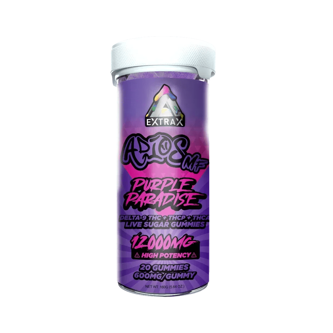 Delta Extrax Adios MF Gummies 12000mg are shown against a vibrant rainbow swirl backdrop, each labeled with different flavors and the Delta Extrax brand's high potency THC edibles in bold fonts.