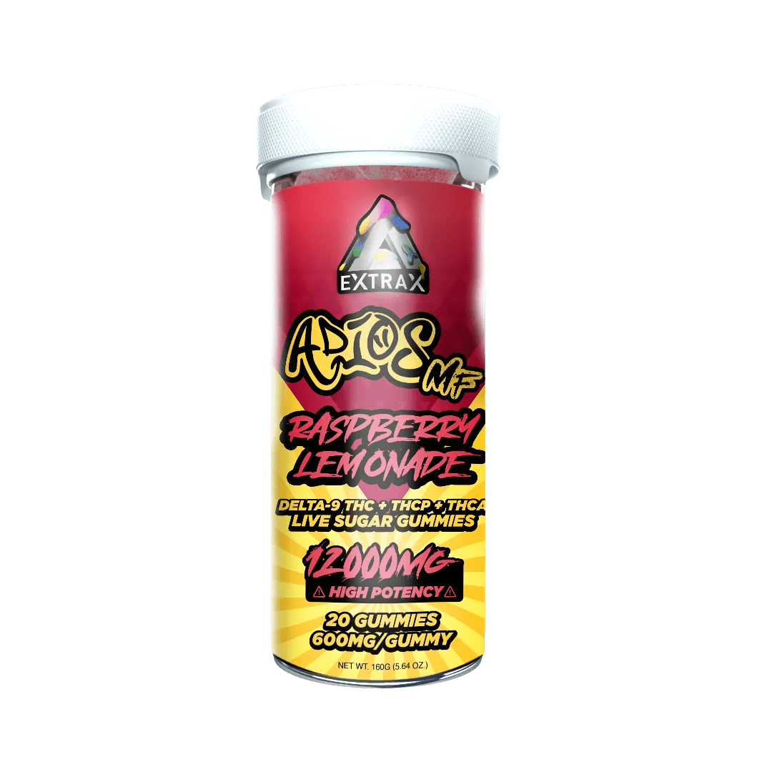 Delta Extrax Adios MF Gummies 12000mg are shown against a vibrant rainbow swirl backdrop, each labeled with different flavors and the Delta Extrax brand's high potency THC edibles in bold fonts.