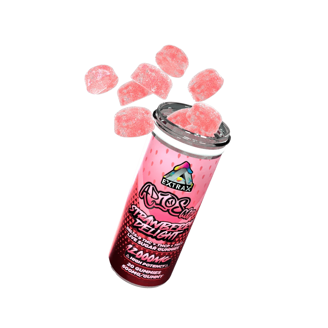 Delta Extrax Adios MF Gummies 12000mg are shown against a vibrant rainbow swirl backdrop, each labeled with different flavors and the Delta Extrax brand's high potency THC edibles in bold fonts.
