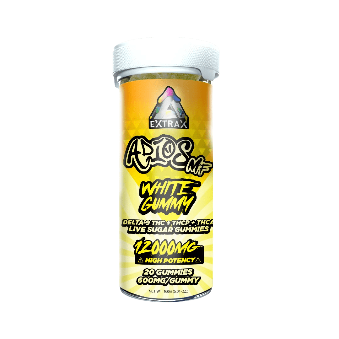 Delta Extrax Adios MF Gummies 12000mg are shown against a vibrant rainbow swirl backdrop, each labeled with different flavors and the Delta Extrax brand's high potency THC edibles in bold fonts.