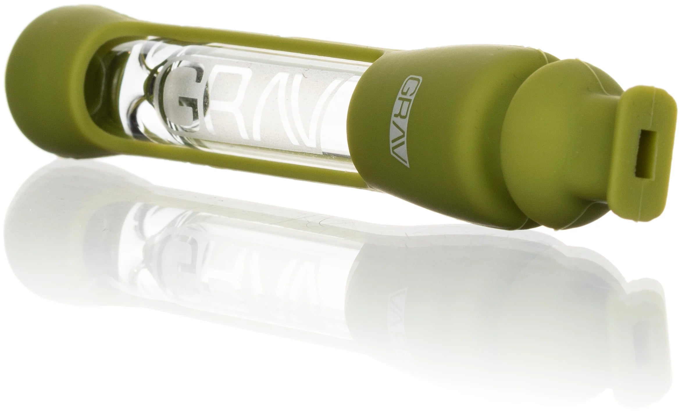 A Grav 12MM Taster w/ Silicone Skin, black and clear glass with "GRAV" printed on the side, is shown upright on a white background with a subtle reflection underneath.