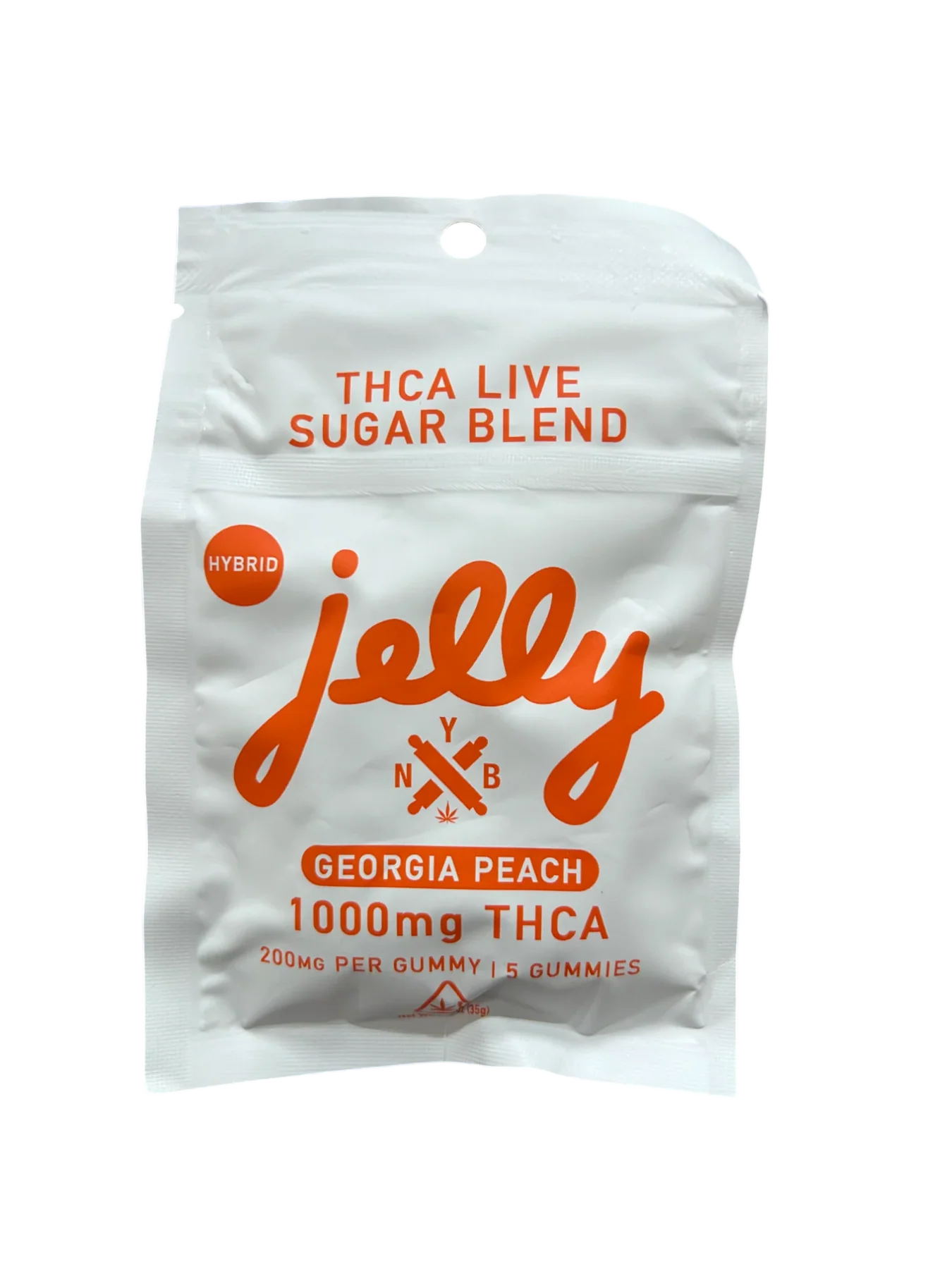 A white resealable pouch labeled Jelly in bold blue letters contains Jelly THCA Live Sugar Blend Gummiesβ15 hemp-derived edibles with live resin sugar, each gummy 200mg THCA, totaling 3000mg per pack.