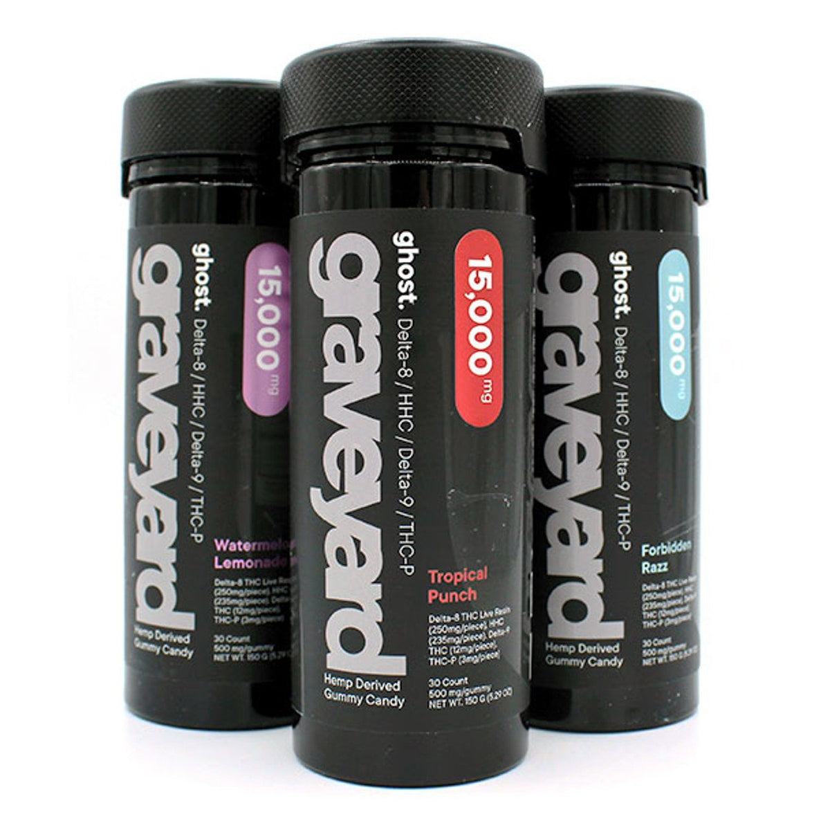 Three black bottles of GhostHemp Ghost Graveyard Gummies 15000mg 30ct are shown in Watermelon Lemonade, Tropical Punch, and Forbidden Razz flavors. Each bottle highlights its Delta-8 THC content from hemp-derived cannabinoids.