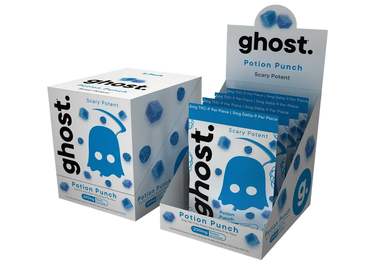 Ghost Potion Punch gummies with 5mg THC-P & Delta-9 per piece, blue raspberry flavor in retail display