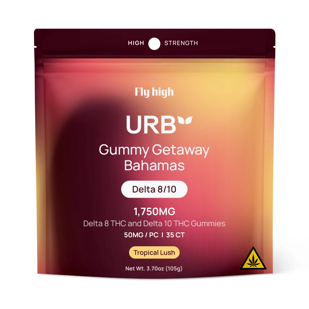 A resealable pink and red Lifted Made pouch labeled Urb D8/D10 THC Gummies 1750mg contains hemp-derived watermelon gummies and features a cannabis warning symbol.