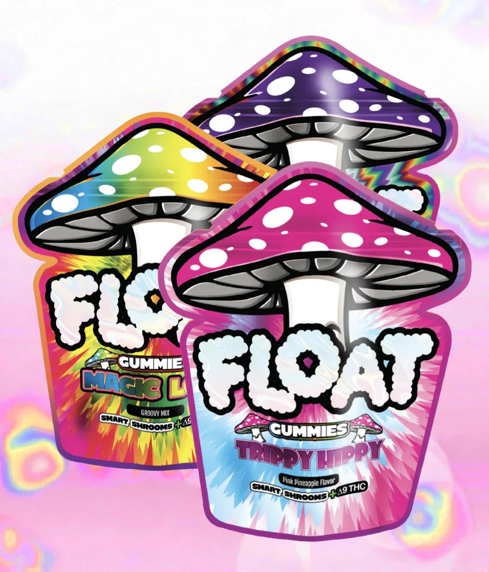 Three colorful packs of Float Mushroom Gummies by Float, shaped like mushrooms, are shown. Each features bold, psychedelic designs and highlights flavors “Magic L” and “Trippy Hippy,” with Lion’s Mane extract and vibrant caps.