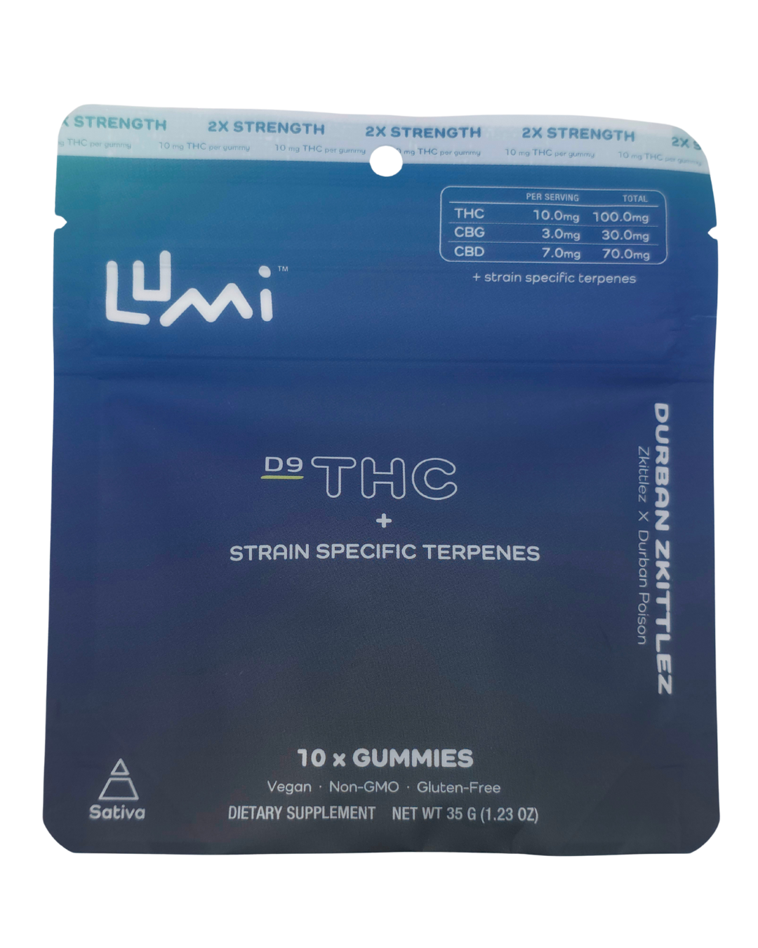 A blue and purple Lumi Strain-Specific Delta-9 THC Gummies 2X – 15 pack shows Durban Zkittlez flavor and strain-specific terpenes. The vegan, non-GMO, gluten-free hemp gummies have supplement facts and icons at the bottom.
