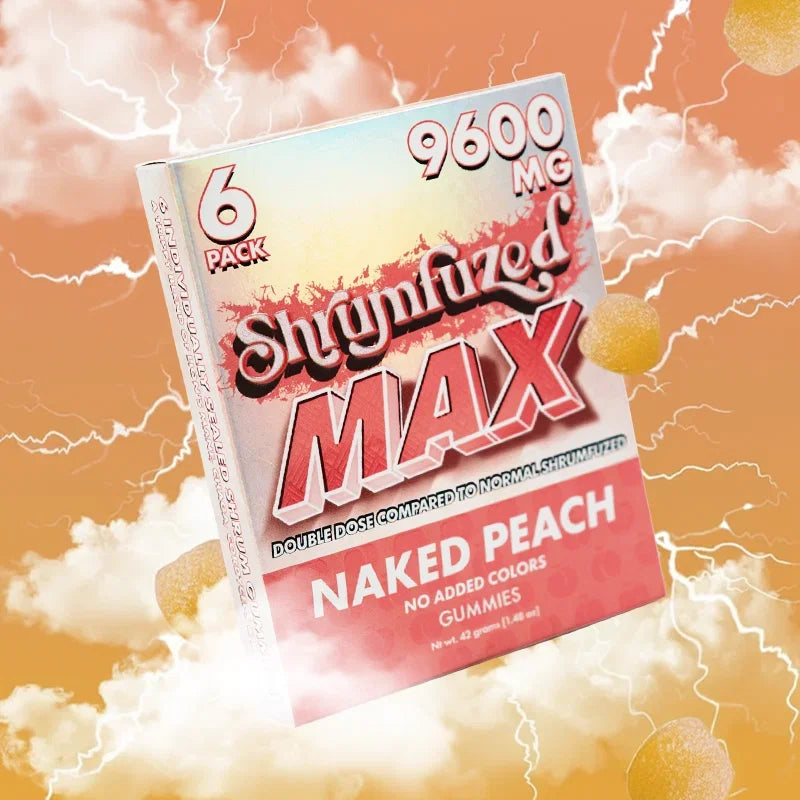 Shynfuzed MAX Naked Peach 6-pack gummies box with peach gummies and orange cloudy background