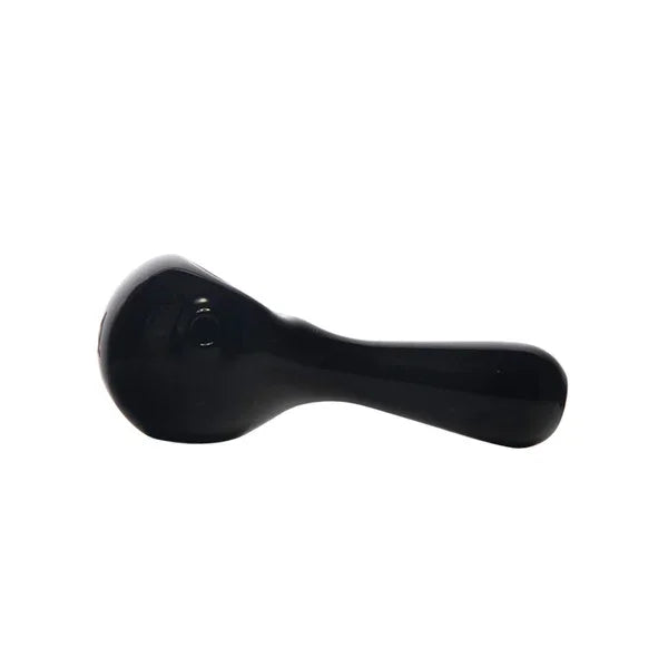 Black glass smoking pipe with smooth, rounded bowl and handle on white background