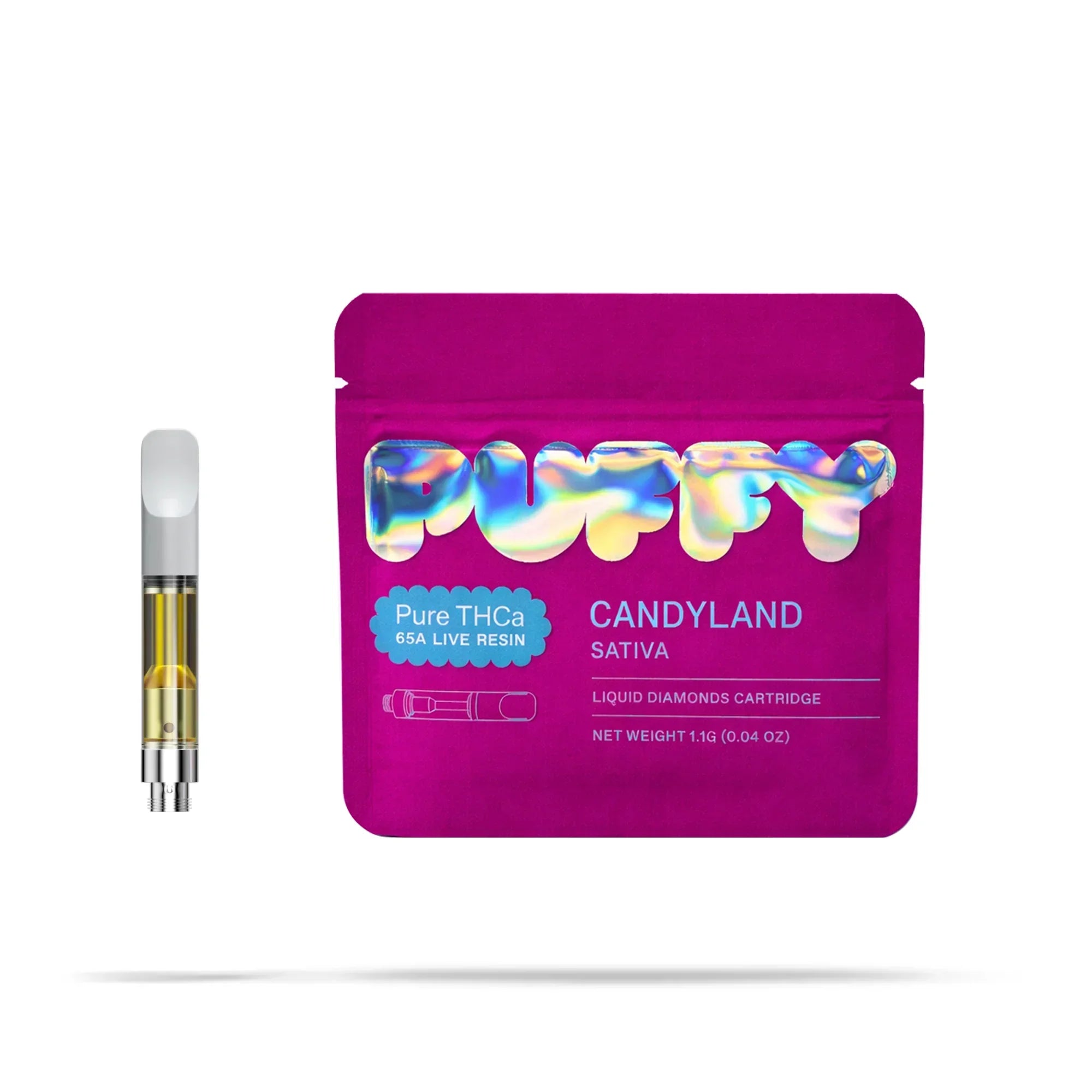 Puffy Pure THCA Candyland Sativa vape cartridge and magenta packaging