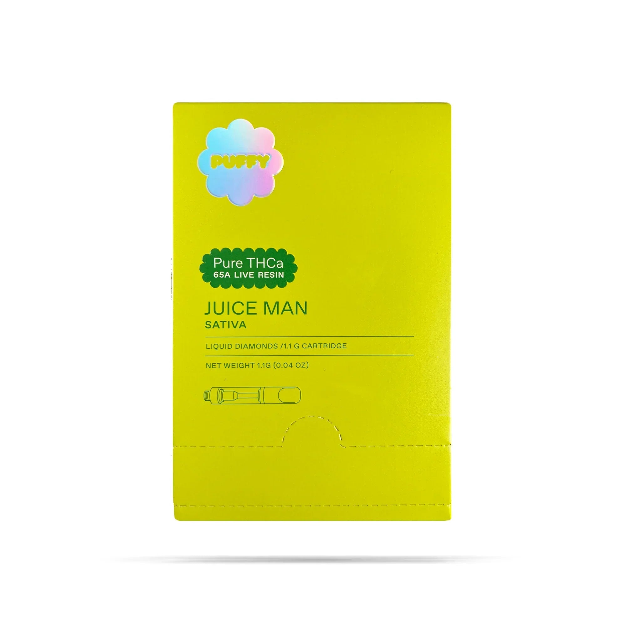Puffy Pure THCa 65A live resin Juice Man Sativa vape cartridge yellow box