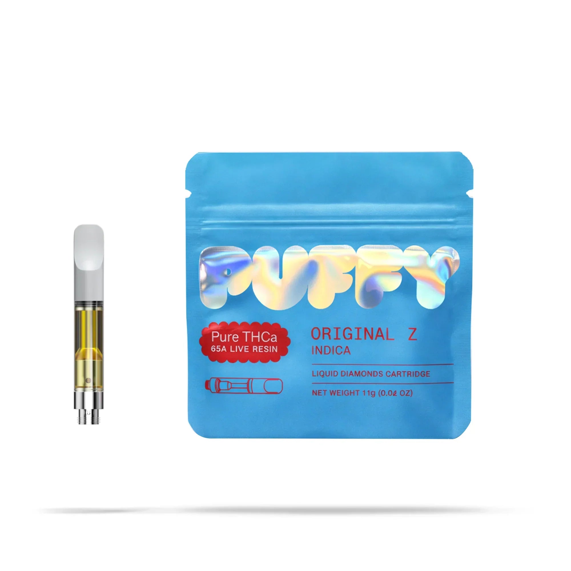 Puffy Pure THCA 65A live resin 1g vape cartridge with blue Original Z Indica pouch