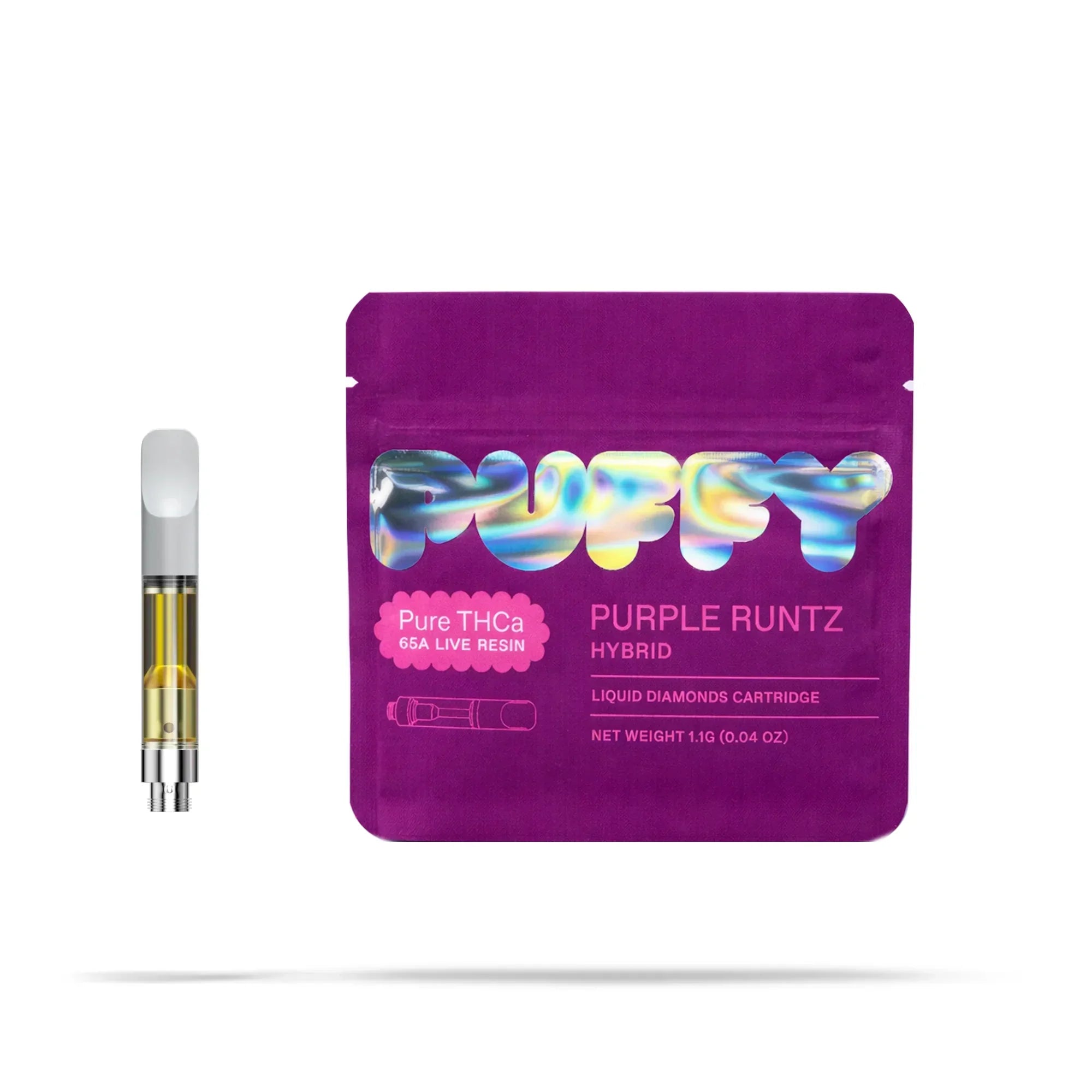 Puffy Pure THCa Purple Runtz hybrid vape cartridge and purple packaging
