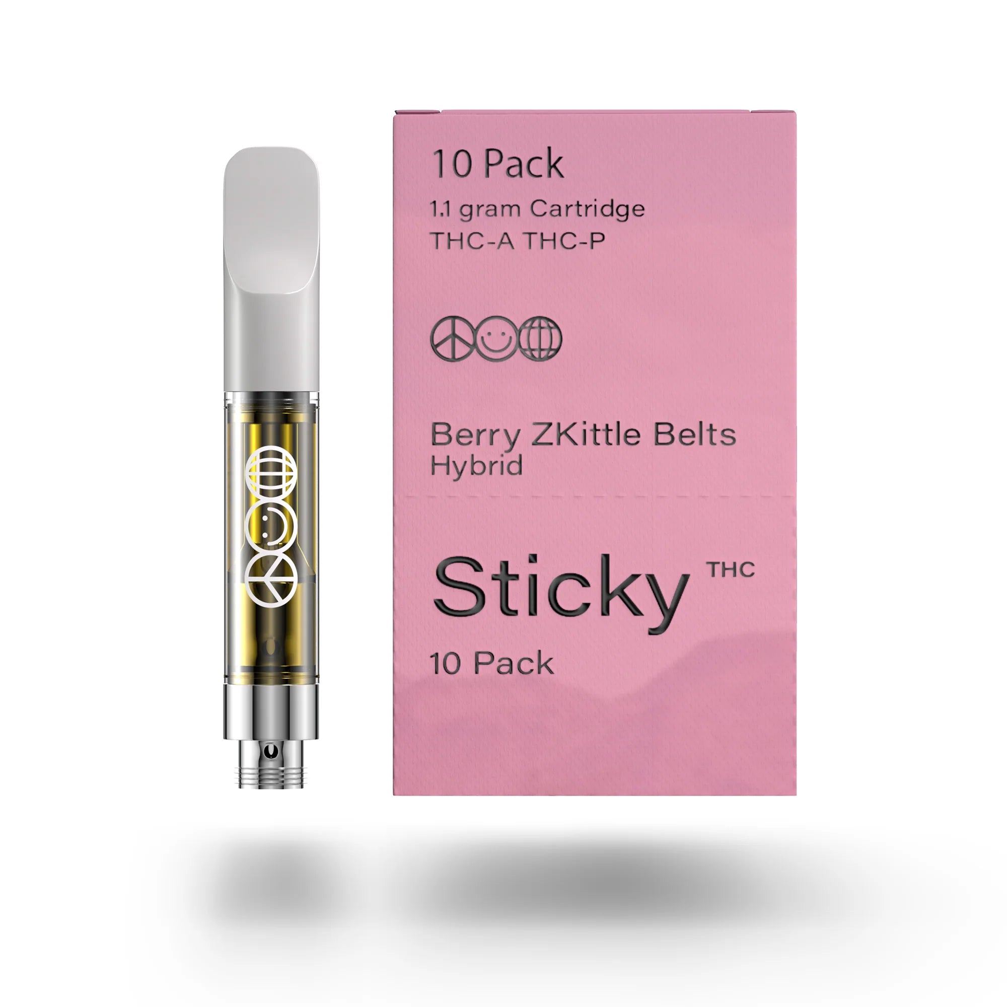 A QWIN display box labeled “Puffy Sticky THCA Cartridge (1.1G)” holds ten cartridges in Lemon Kushlato (Indica), Blue Slurpicana (Sativa), and Berry ZKittle Belts (Hybrid) varieties, with lavender, cream, and pink "Puffy" packaging.
