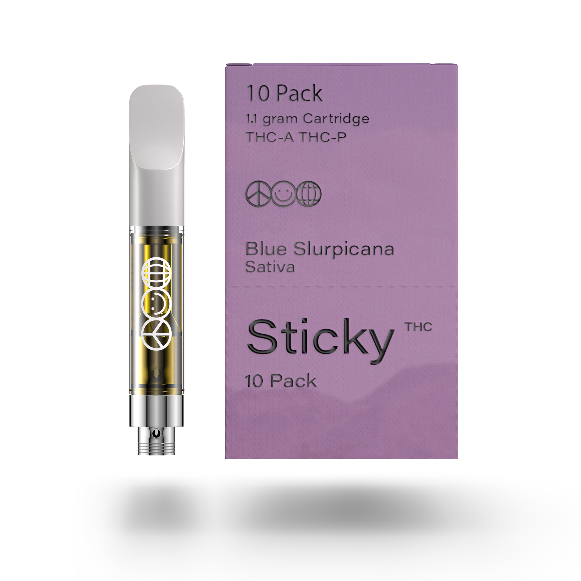A QWIN display box labeled “Puffy Sticky THCA Cartridge (1.1G)” holds ten cartridges in Lemon Kushlato (Indica), Blue Slurpicana (Sativa), and Berry ZKittle Belts (Hybrid) varieties, with lavender, cream, and pink "Puffy" packaging.
