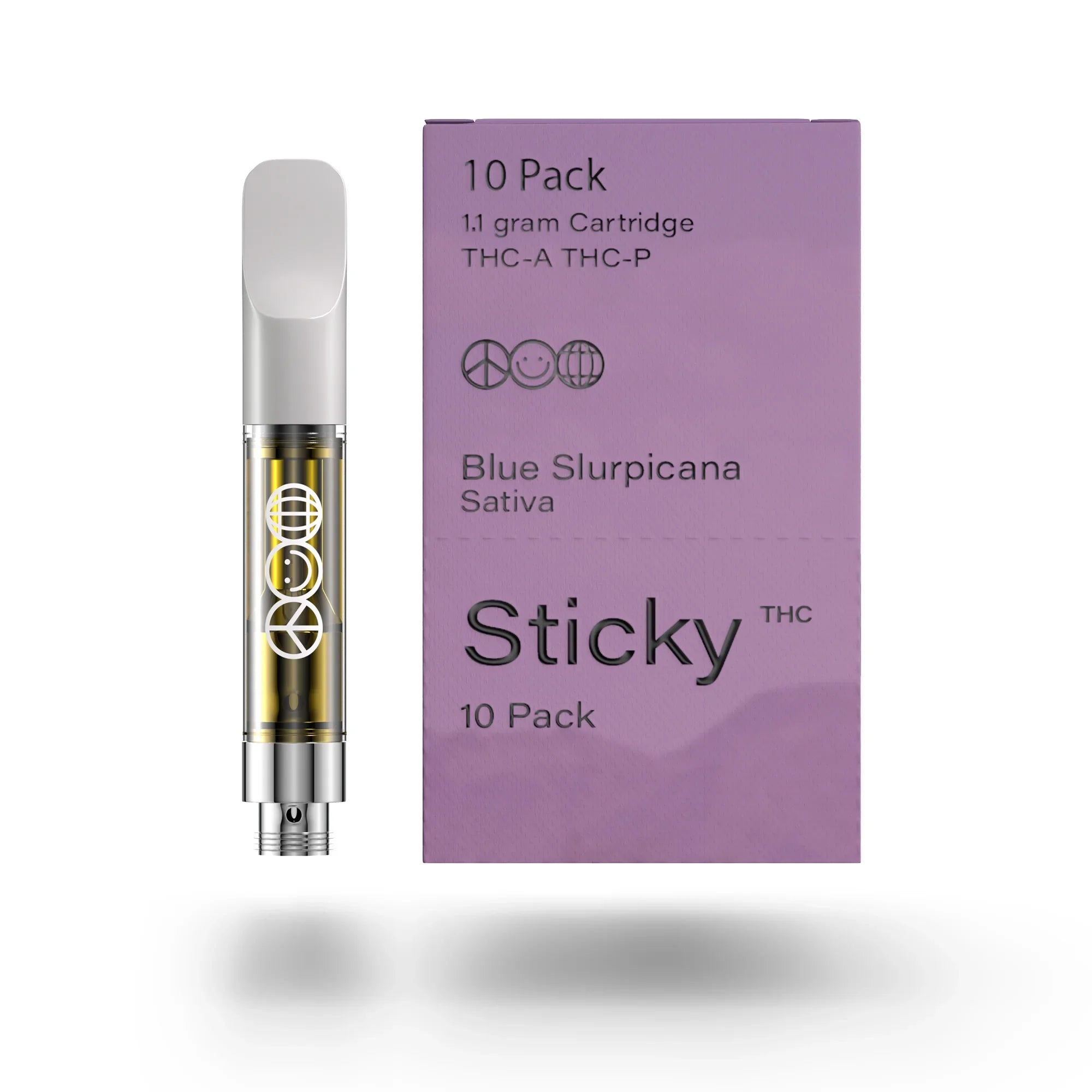 A QWIN display box labeled “Puffy Sticky THCA Cartridge (1.1G)” holds ten cartridges in Lemon Kushlato (Indica), Blue Slurpicana (Sativa), and Berry ZKittle Belts (Hybrid) varieties, with lavender, cream, and pink "Puffy" packaging.