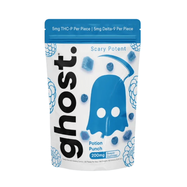 Ghost Scary Potent Potion Punch gummies with 5mg THC-P & Delta-9 per piece, 200mg total