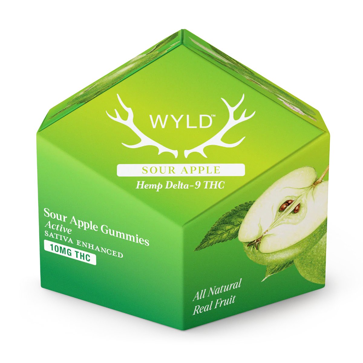 A green hexagonal box of WYLD Sours THC Gummies Hemp-Derived | 10mg by WYLD features sour apple flavor, sativa enhancement, and 10mg hemp-derived Delta-9 THC per gummy—all natural, real fruit edibles for a premium experience.