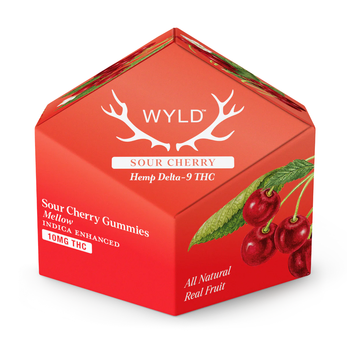 A green hexagonal box of WYLD Sours THC Gummies Hemp-Derived | 10mg by WYLD features sour apple flavor, sativa enhancement, and 10mg hemp-derived Delta-9 THC per gummy—all natural, real fruit edibles for a premium experience.