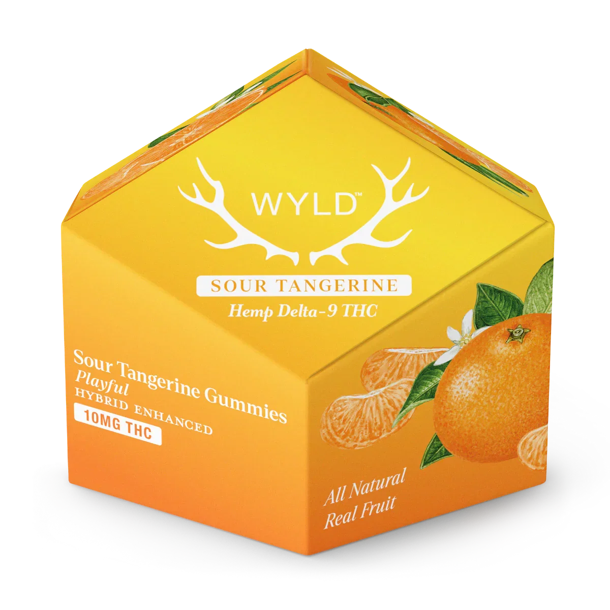A green hexagonal box of WYLD Sours THC Gummies Hemp-Derived | 10mg by WYLD features sour apple flavor, sativa enhancement, and 10mg hemp-derived Delta-9 THC per gummy—all natural, real fruit edibles for a premium experience.