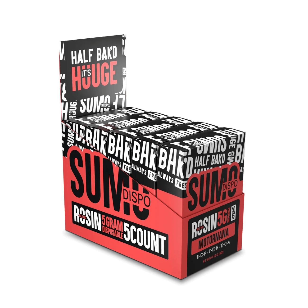 HALF BAK'D Sumo Disposable 5G display box featuring 5-pack rosin options for a rich vaping experience.