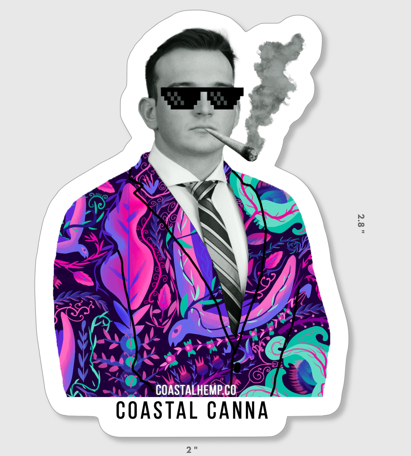 A man in a vibrant abstract suit and striped tie smokes a cigar in pixelated sunglasses. Text reads Yourcoastalhemp by Coastal Hemp Co. Ideal for your sticker collection! Sticker size: 2.8 x 2 inches.