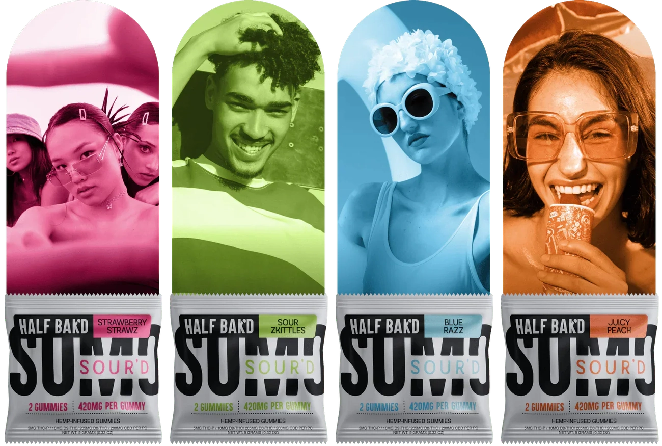 A silver packet labeled Half Bak’d Sumo Sour’d Gummies | 420mg (2ct) by Half Bak'd contains 2 hemp-infused gummies. The packaging features bold black and blue text on a white background.