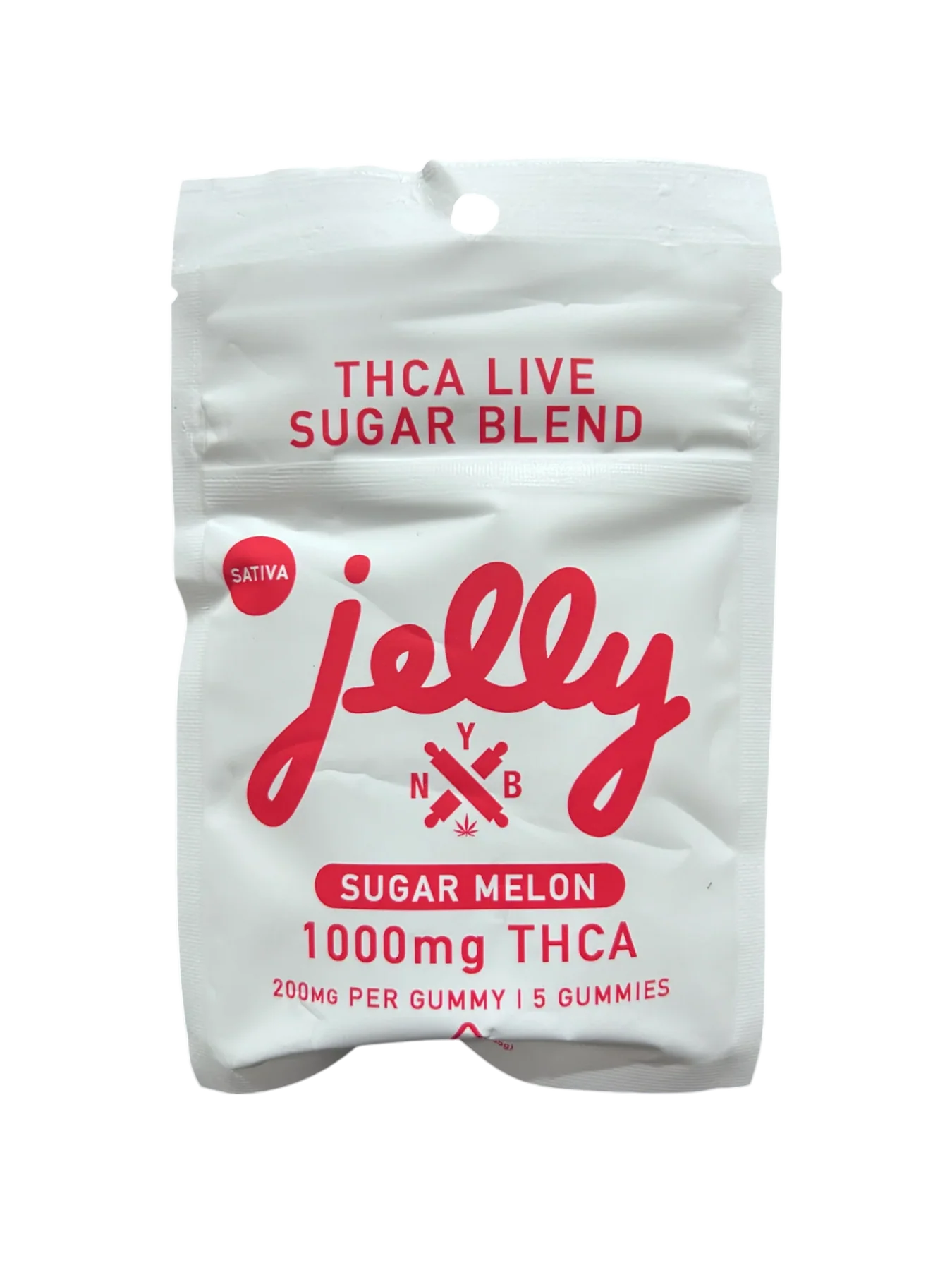 A white resealable pouch labeled Jelly in bold blue letters contains Jelly THCA Live Sugar Blend Gummiesβ15 hemp-derived edibles with live resin sugar, each gummy 200mg THCA, totaling 3000mg per pack.
